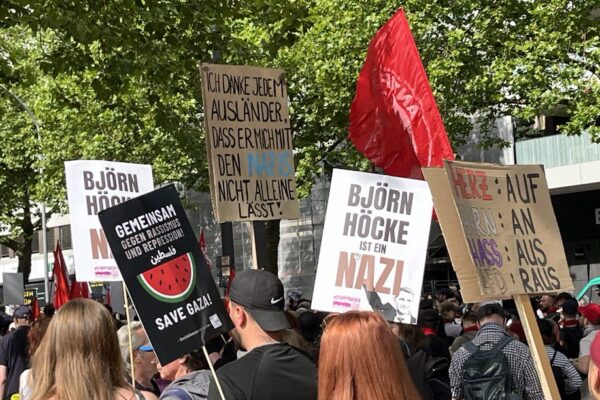 »Björn Höcke ist ein Nazi« und weitere Schilder auf einer Anti-AfD-Demo