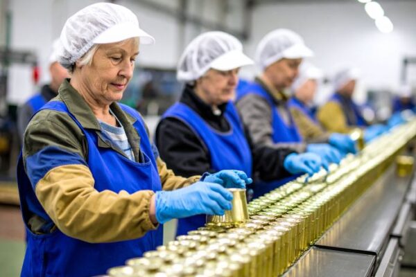 Rentner:innen arbeiten in einer Fabrik.