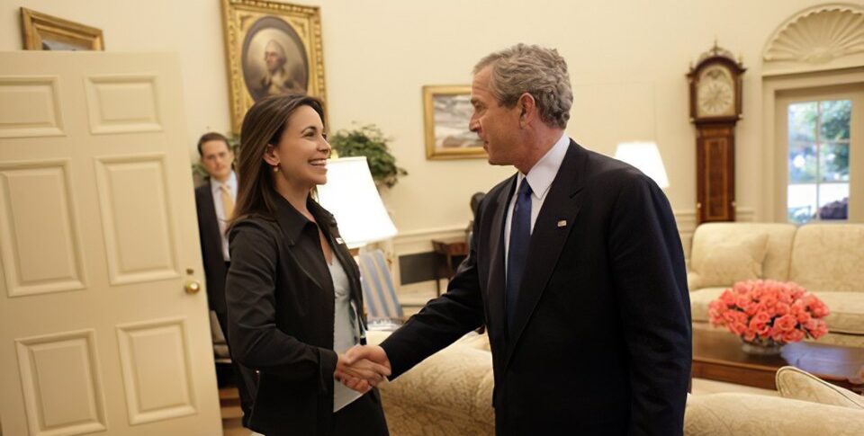 María Corina suchte schon 2005 die Nähe der US-Präsidenten. Hier Mit Goerge W. Bush im Oval Office, Washington DC.